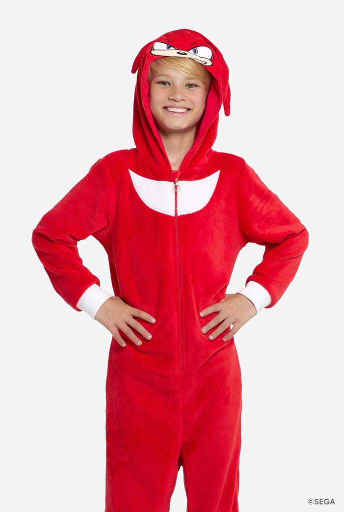 Boy wearing red Sonic Knuckles Kids Onesie.