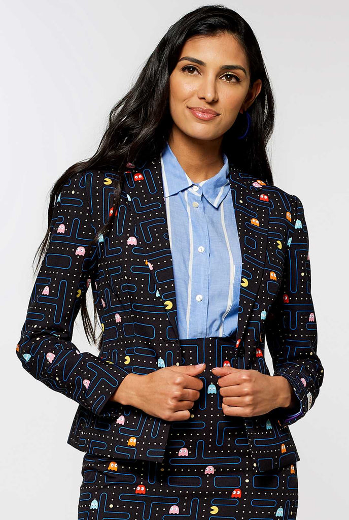 Woman wearing black blazer with Pac-Man print