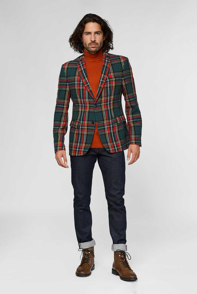 Red and green tartan blazer worn by man