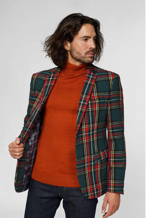 Red and green tartan blazer worn by man