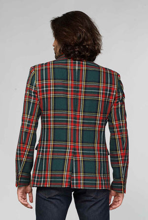 Red and green tartan blazer worn by man