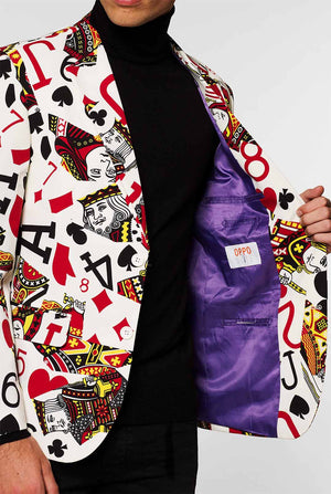 Playing cards print casual blazer King Of Clubs worn by men zoomed in