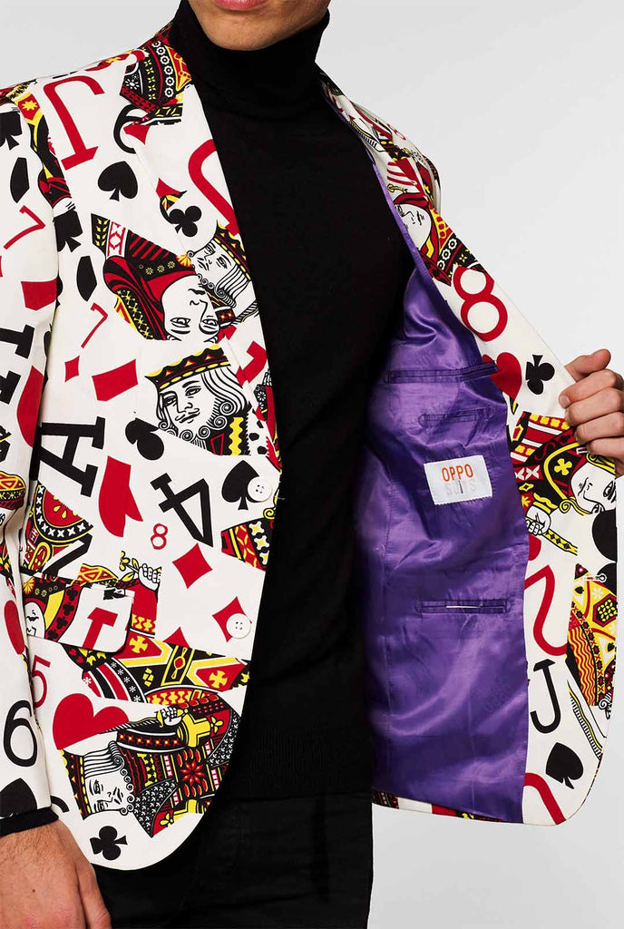Playing cards print casual blazer King Of Clubs worn by men zoomed in
