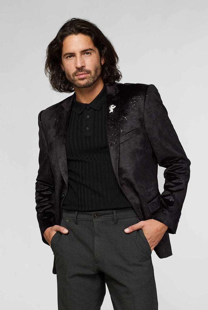 Black casual blazer jacket with constellation pattern worn by man