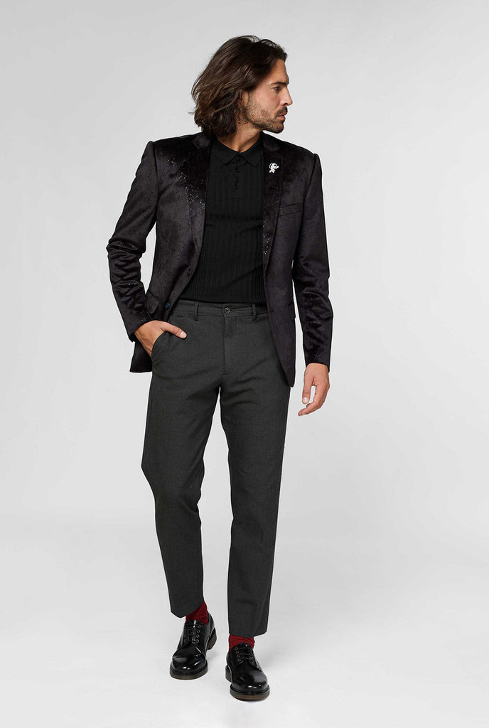 Black casual blazer jacket with constellation pattern worn by man