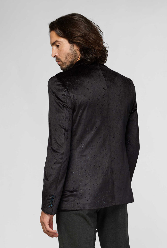 Black casual blazer jacket with constellation pattern worn by man
