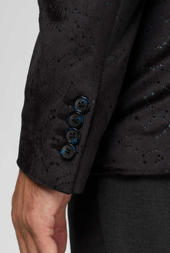 Black casual blazer jacket with constellation pattern worn by man