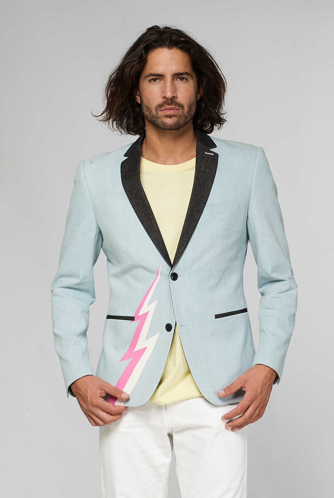 Blue casual blazer with white and pink lightning bolt worn by man