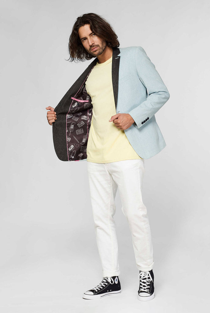 Blue casual blazer with white and pink lightning bolt worn by man