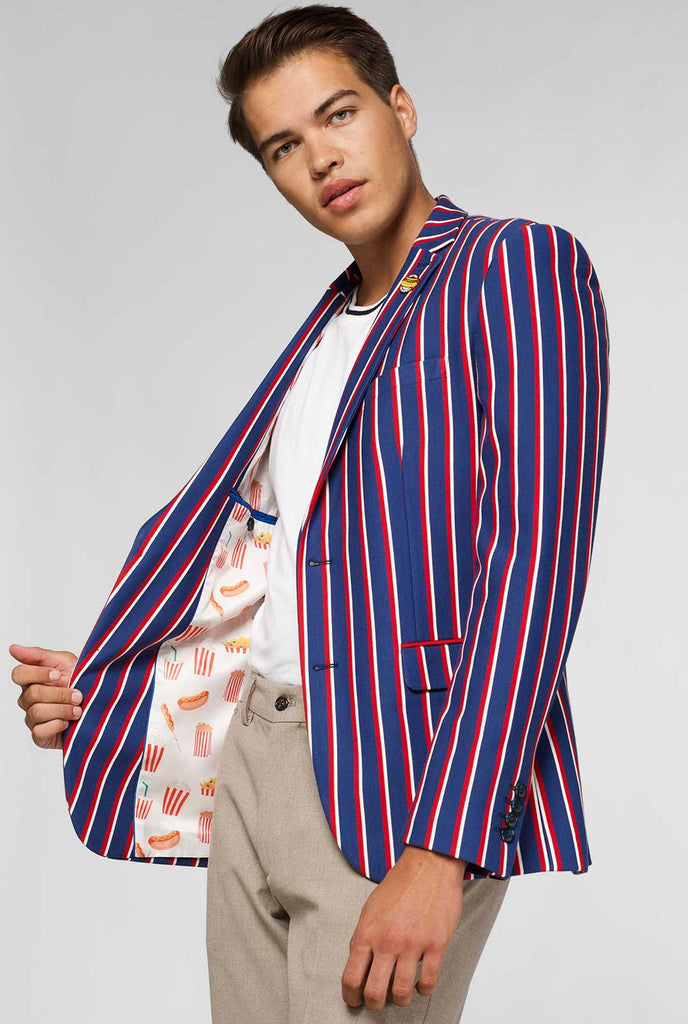 Red white and blue striped casual blazer worn by man