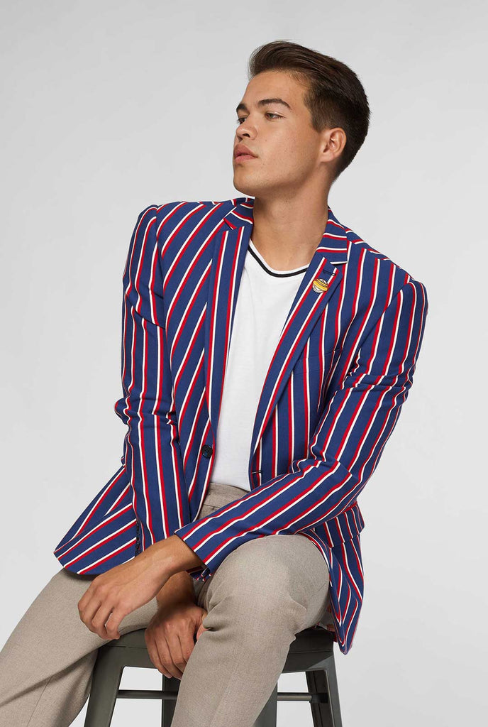 Red white and blue striped casual blazer worn by man