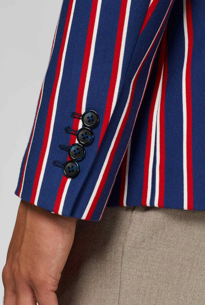 Red white and blue striped casual blazer worn by man