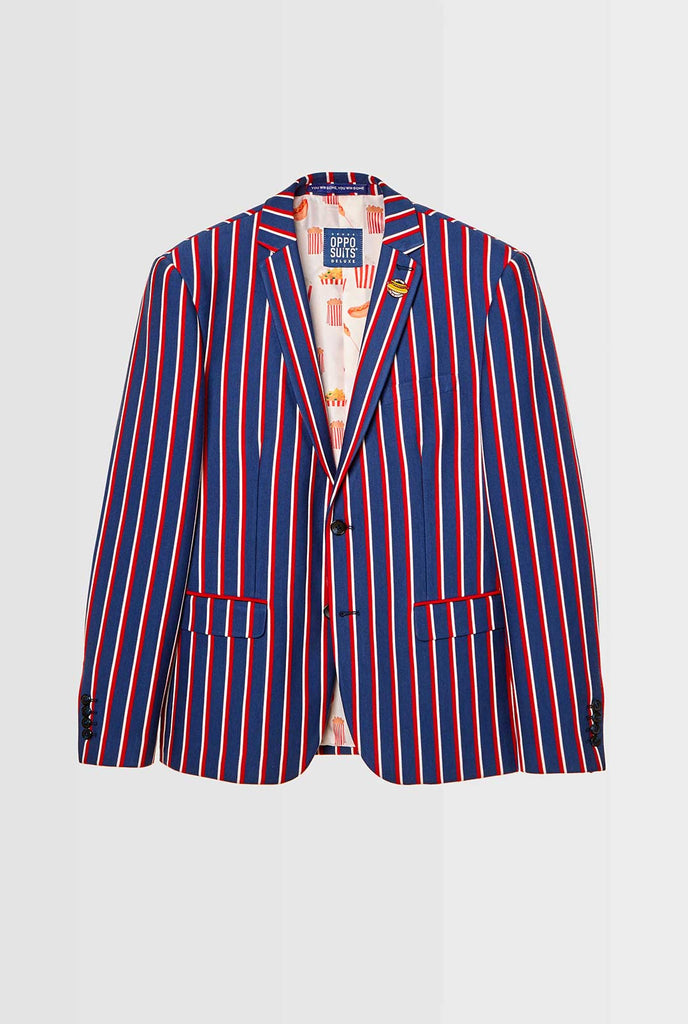 Red white and blue striped casual blazer worn by man
