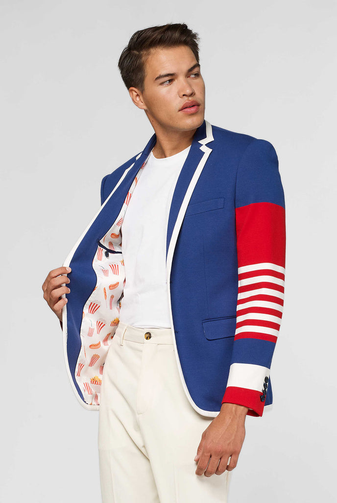 Red white and blue sporty casual blazer worn by man