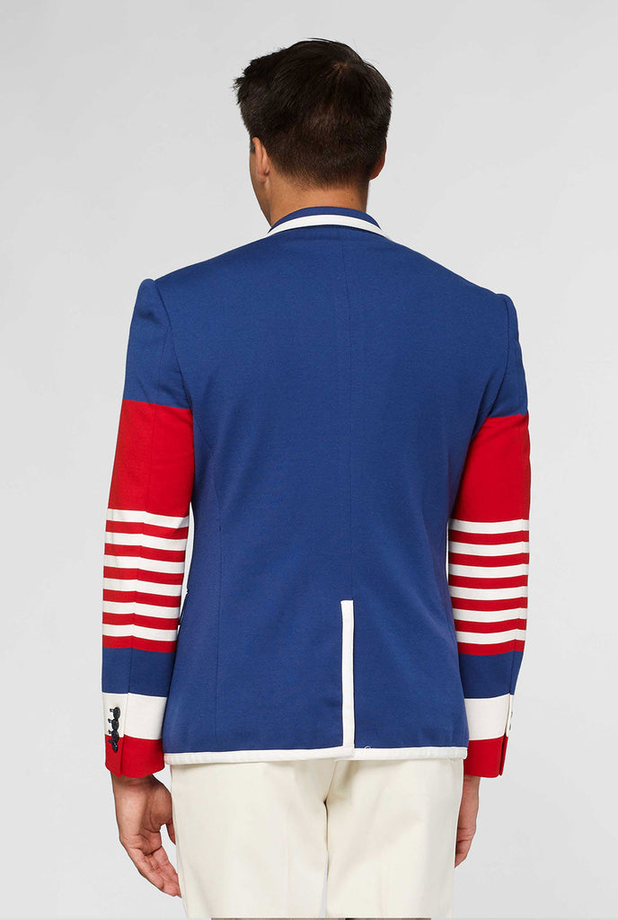 Red white and blue sporty casual blazer worn by man