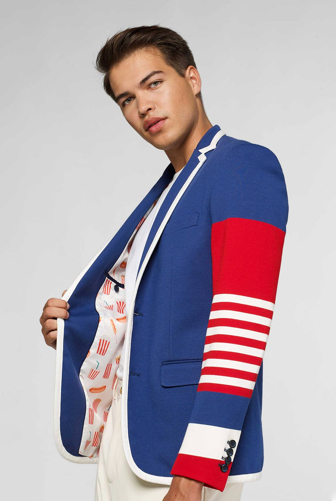 Red white and blue sporty casual blazer worn by man