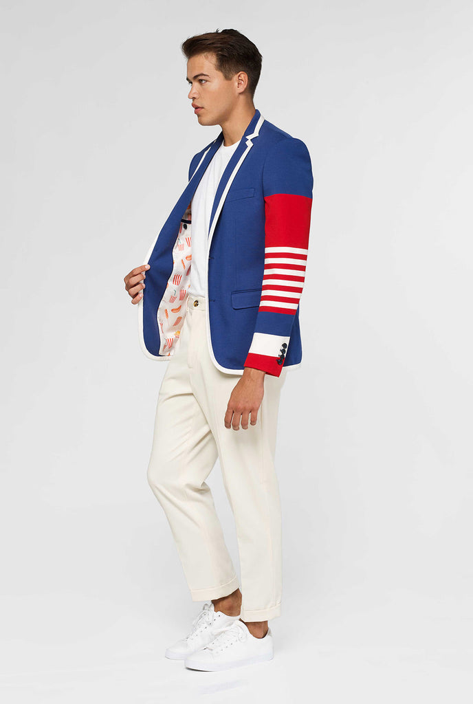 Red white and blue sporty casual blazer worn by man