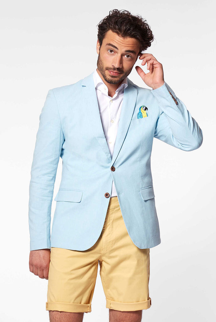 Blue casual blazer with parrot embroidery worn by man