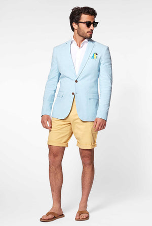 Blue casual blazer with parrot embroidery worn by man