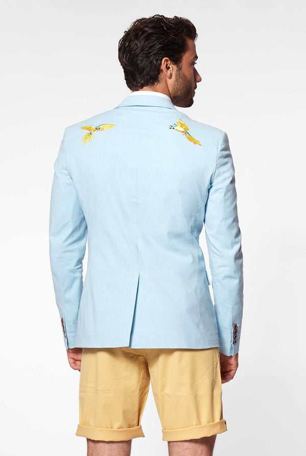 Blue casual blazer with parrot embroidery worn by man