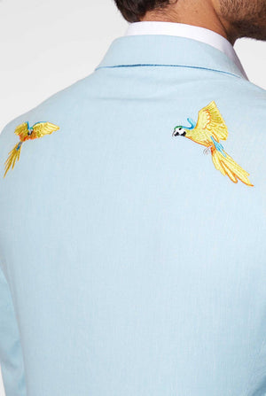 Blue casual blazer with parrot embroidery worn by man