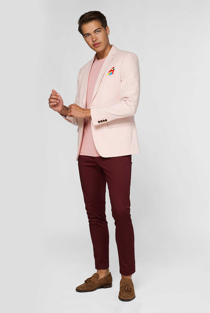 Pink casual blazer with parrot embroidery worn by man