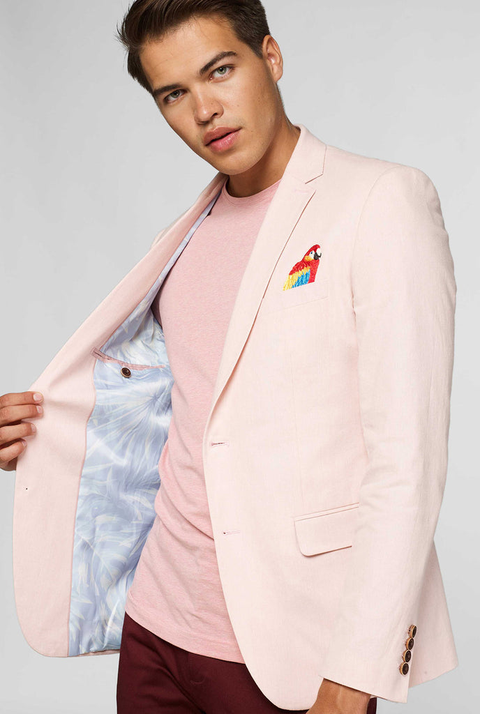 Pink casual blazer with parrot embroidery worn by man
