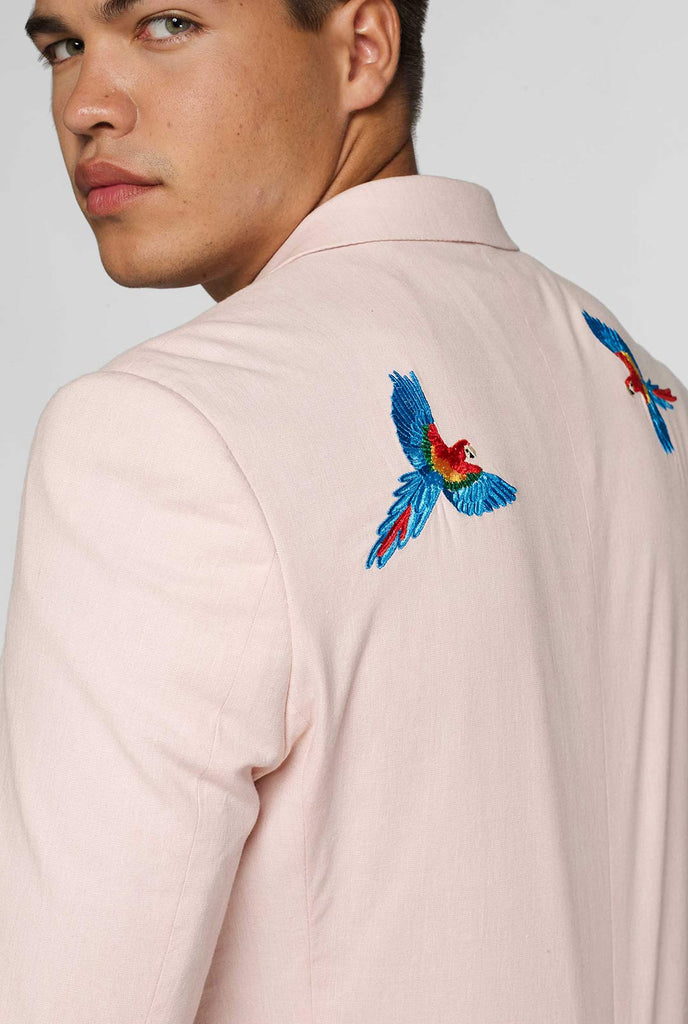Pink casual blazer with parrot embroidery worn by man
