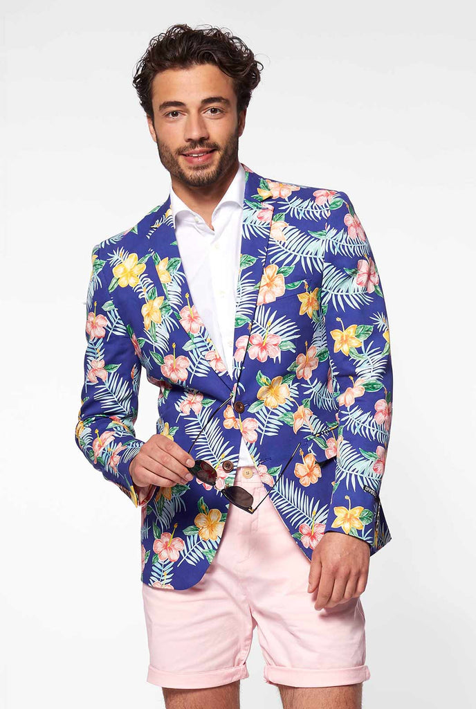 Blue casual blazer with flower print worn by man