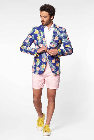 Blue casual blazer with flower print worn by man