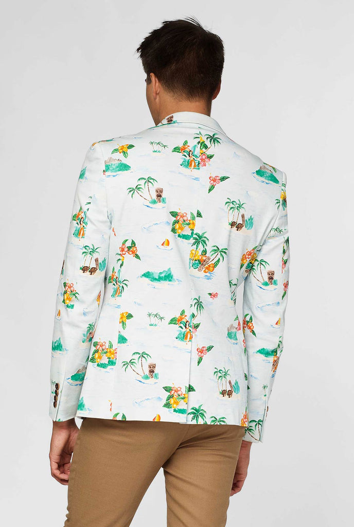 White casual blazer with Hawaiian icon print worn by man showing red palm tree inner lining