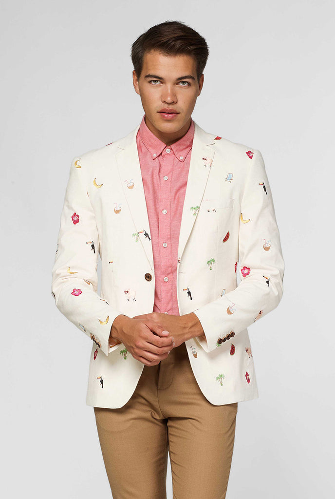 Off-white blazer with tropical embroidery worn by man