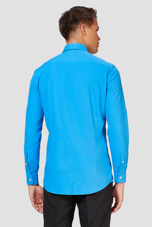 Blue long-sleeve shirt worn by man - close up