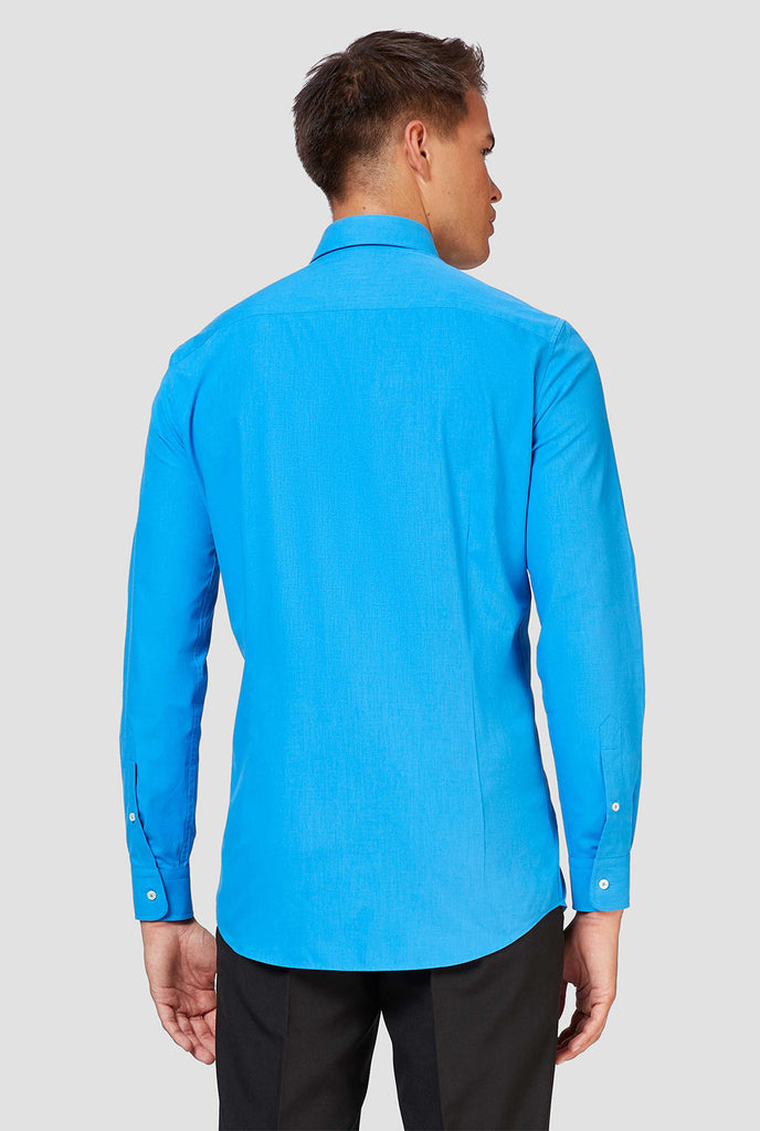 Blue long-sleeve shirt worn by man - close up