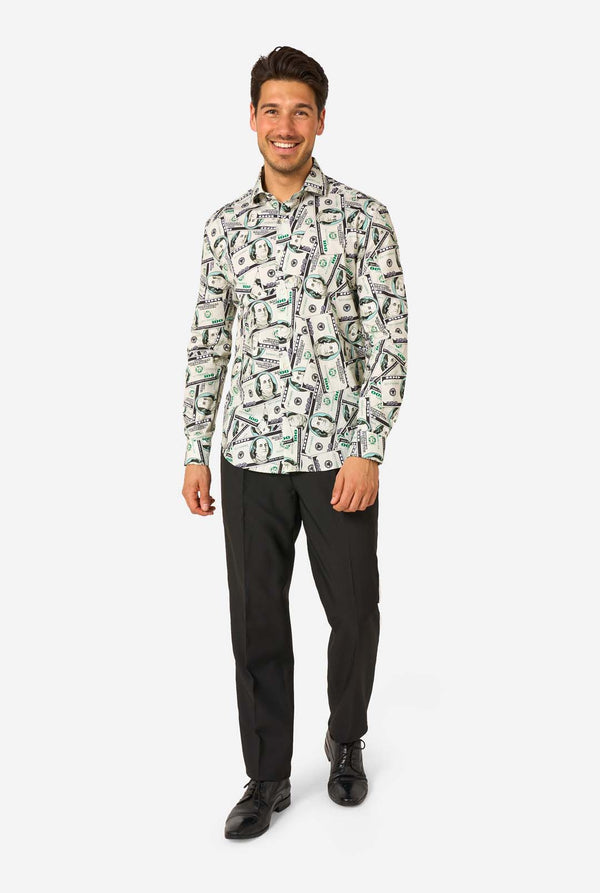 Man wearing a shirt with dollar bill print on a white background. Full body image