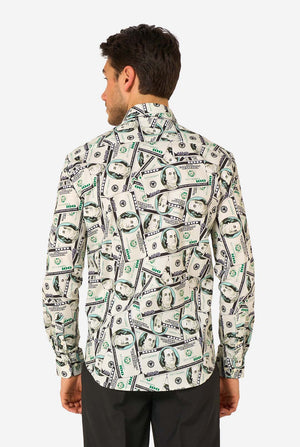 Man wearing a shirt with dollar bill print on a white background. View from the back