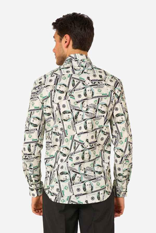 Man wearing a shirt with dollar bill print on a white background. View from the back