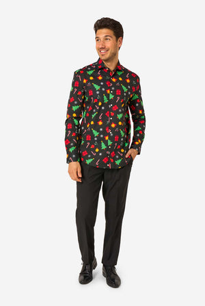 Man wearing a black festive patterned shirt with colorful Christmas designs on a white background. Full body image