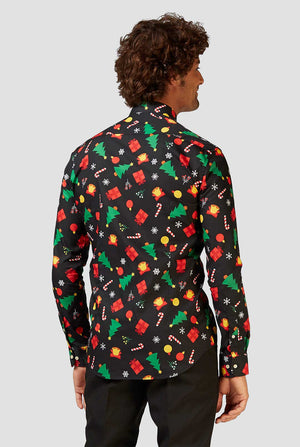 Man wearing black dress shirt with Christmas icons