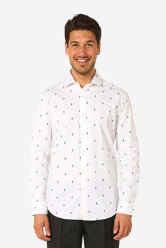 Man wearing a white shirt with a subtle Christmas tree pattern on a white background.