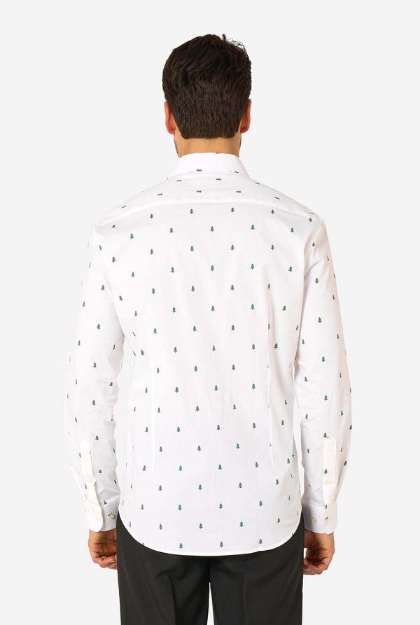 Man wearing a white shirt with a subtle Christmas tree pattern on a white background. View from the back