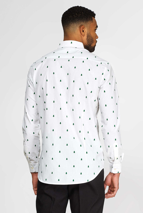 Man wearing white dress shirt with Christmas trees