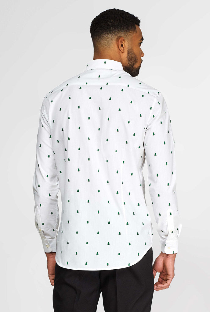 Man wearing white dress shirt with Christmas trees