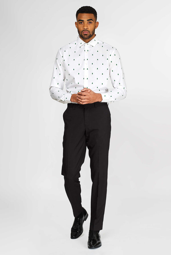Man wearing white dress shirt with Christmas trees