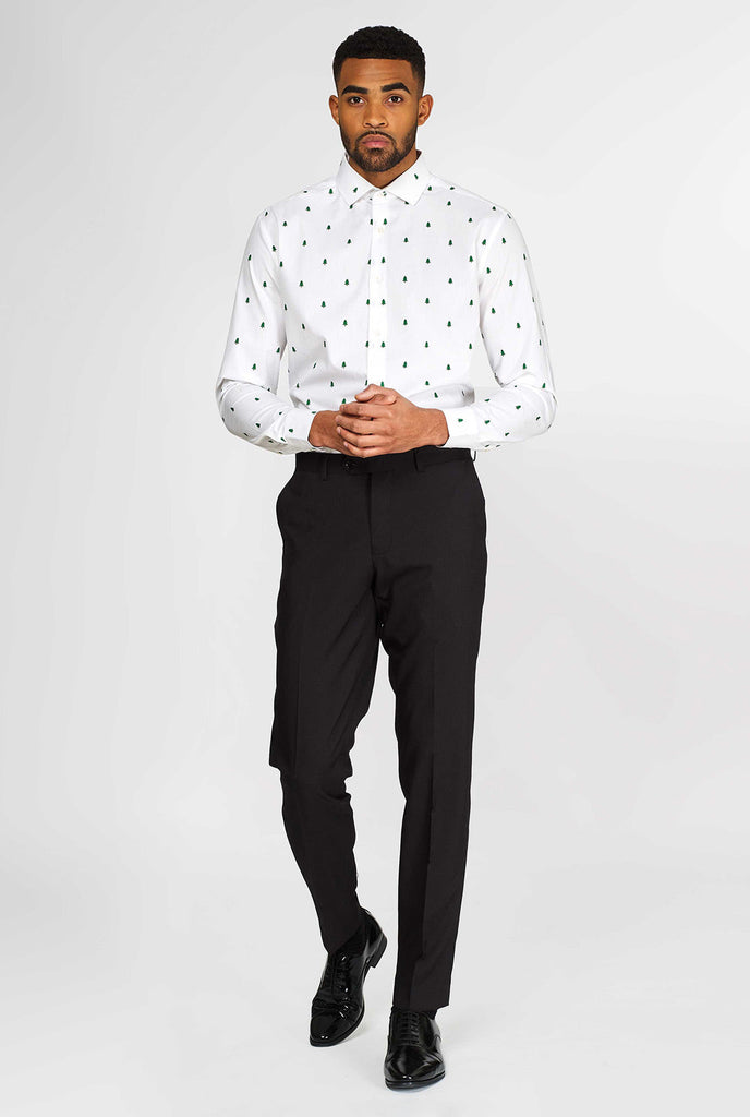 Man wearing white dress shirt with Christmas trees
