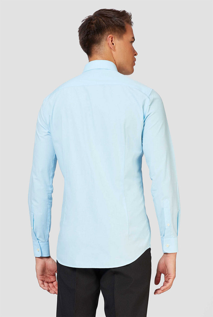 Man wearing light blue dress shirt