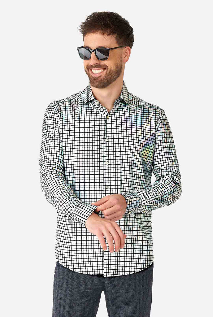 Man wearing dress shirt with mirror discobal print