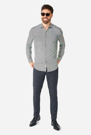 Man wearing dress shirt with mirror discobal print