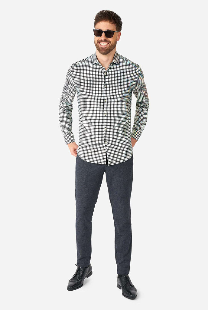 Man wearing dress shirt with mirror discobal print