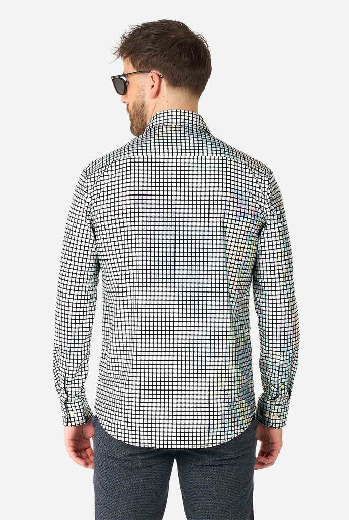 Man wearing dress shirt with mirror discobal print